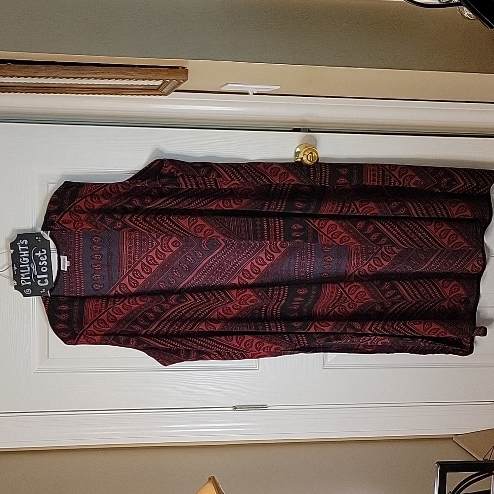 LuLaRoe Joy Longline Vest XL Red Black Floral Paisley Triangles Duster